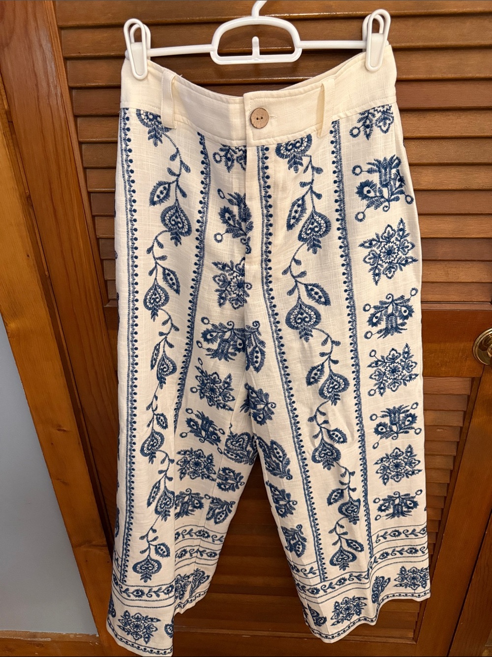 Joie Cream Pants with Blue Floral Stitching